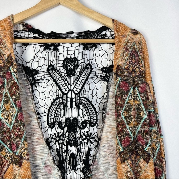 Xhilaration Orange Boho Printed Lace Back Duster Long Cardigan Sweater M - Picture 3 of 3